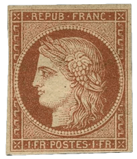 1Fr Dull Orange Red Ceres Stamp, 1849